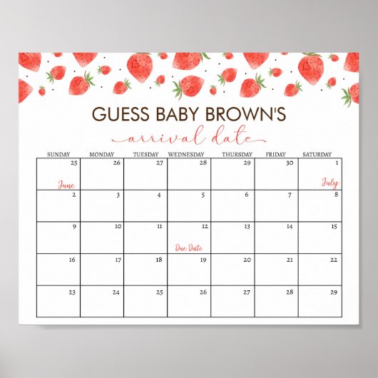Strawberry Baby shower Guess Due Date Calendar Poster (Voorkant)
