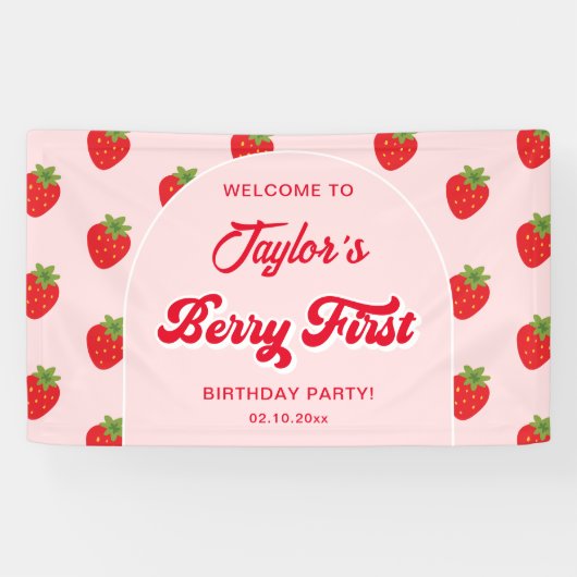 Strawberry Berry 1e verjaardagsfeestje welkom Spandoek (Horizontaal)