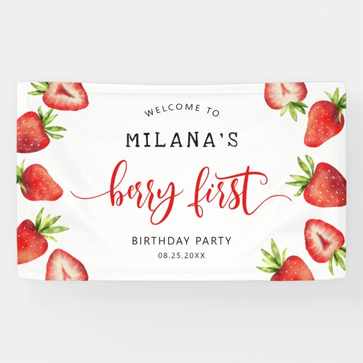 Strawberry Berry 1st Girls Birthday Party Spandoek (Horizontaal)