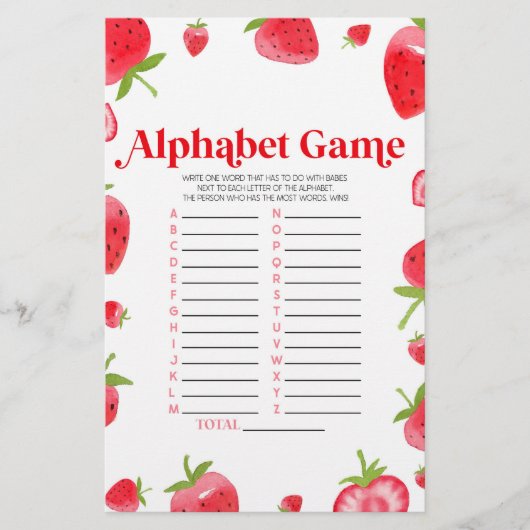 Strawberry Berry Alphabet Baby shower spel Briefpapier (Voorkant)