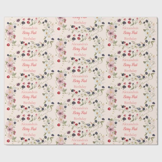 Strawberry Berry Eerste 1e Verjaardagsfeest Cadeaupapier (Vlak)