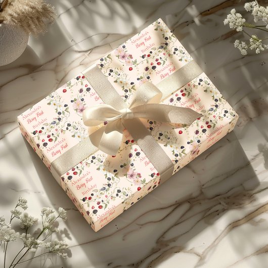 Strawberry Berry Eerste 1e Verjaardagsfeest Cadeaupapier