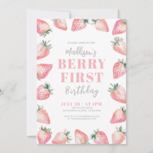 Strawberry Berry Eerste 1e Verjaardagsfeest Kaart (Voorkant)