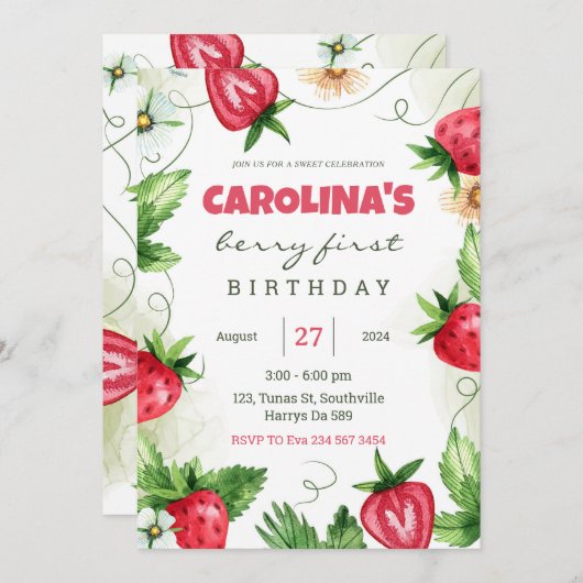 Strawberry Berry Eerste 1e Verjaardagsfeest Kaart (Voorkant / Achterkant)