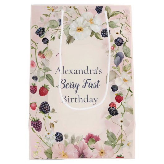 Strawberry Berry Eerste 1e Verjaardagsfeest Medium Cadeauzakje (Achterkant)