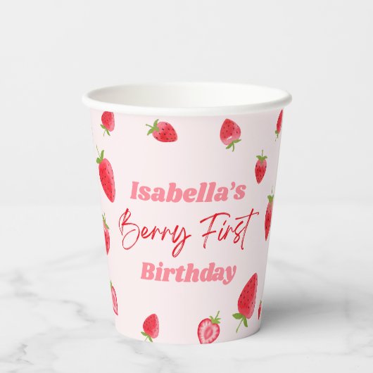 Strawberry Berry Eerste 1e Verjaardagsfeest Papieren Bekers (Achterkant)