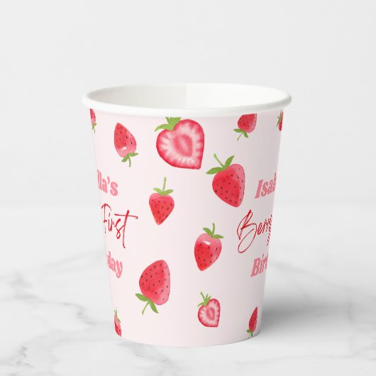 Strawberry Berry Eerste 1e Verjaardagsfeest Papieren Bekers (Links)
