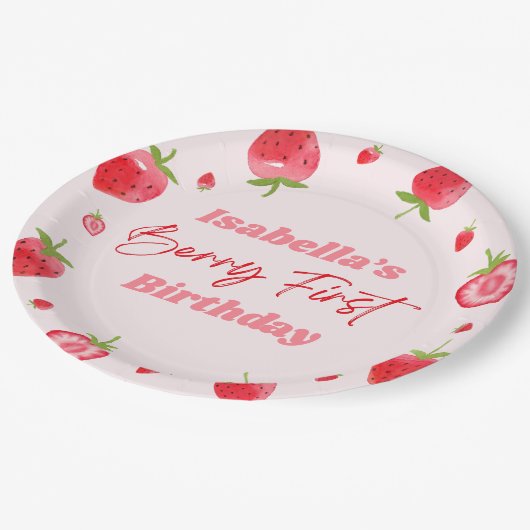 Strawberry Berry Eerste 1e Verjaardagsfeest Papieren Bordje (Gekanteld)