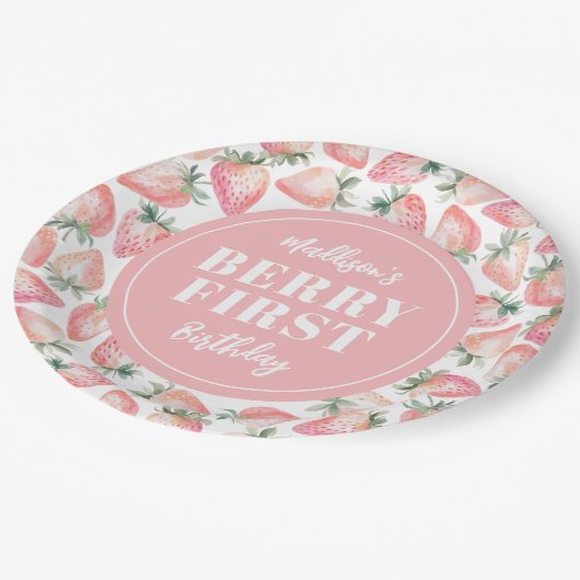 Strawberry Berry Eerste 1e Verjaardagsfeest Papieren Bordje (Gekanteld)