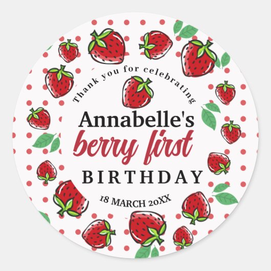 Strawberry Berry Eerste 1e Verjaardagsfeest Ronde Sticker (Voorkant)