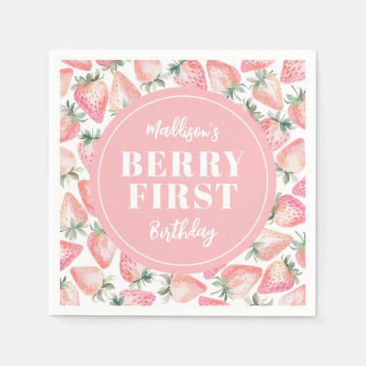 Strawberry Berry Eerste 1e Verjaardagsfeest Servet (Voorkant)