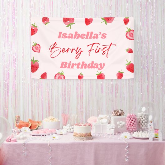 Strawberry Berry Eerste 1e Verjaardagsfeest Spandoek (Feest)