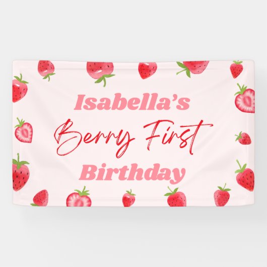 Strawberry Berry Eerste 1e Verjaardagsfeest Spandoek (Horizontaal)