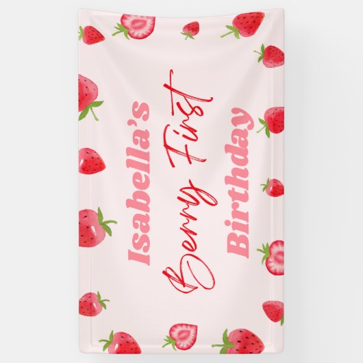 Strawberry Berry Eerste 1e Verjaardagsfeest Spandoek (Verticaal)