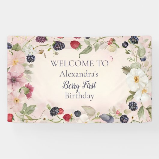 Strawberry Berry Eerste 1e Verjaardagsfeest Spandoek (Horizontaal)