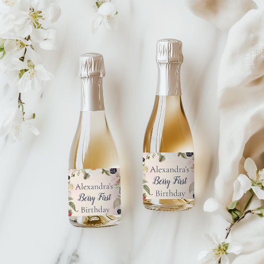 Strawberry Berry Eerste 1e Verjaardagsfeest Sparkling Wijnetiket