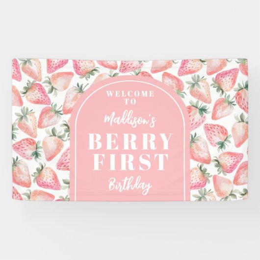 Strawberry Berry eerste 1e verjaardagsfeestje welk Spandoek (Horizontaal)