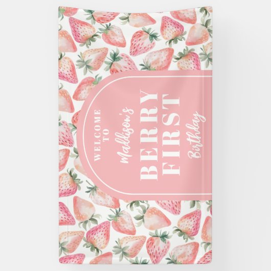 Strawberry Berry eerste 1e verjaardagsfeestje welk Spandoek (Verticaal)