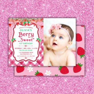 Strawberry Berry Eerste Verjaardag Foto Meisje Par Kaart