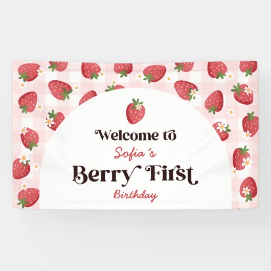 Strawberry Berry eerste verjaardagsfeestje welkom Spandoek (Horizontaal)