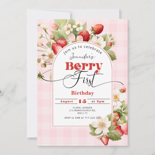 Strawberry Berry First 1st birthday party Kaart (Voorkant)