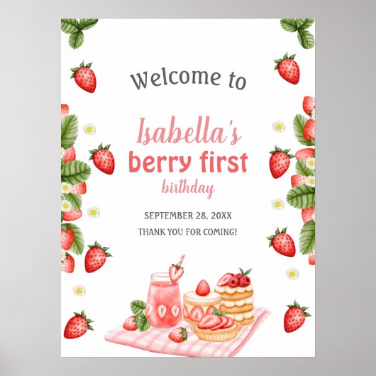 Strawberry Berry First Berry Poster Welkomstbord (Voorkant)