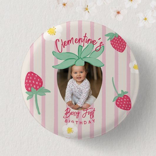 Strawberry Berry First Birthday Button with Photo