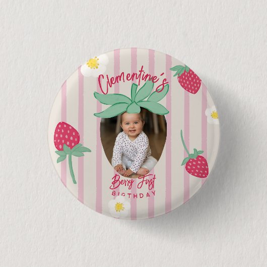 Strawberry Berry First Birthday Button with Photo (Voorkant)