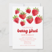 Strawberry Berry First Birthday Invitation Kaart (Voorkant)
