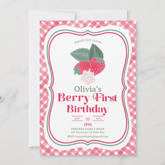 Strawberry Berry First Birthday Invitation Kaart (Voorkant)
