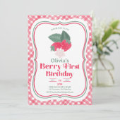 Strawberry Berry First Birthday Invitation Kaart (Staand voorkant)