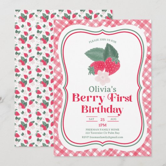 Strawberry Berry First Birthday Invitation Kaart (Voorkant / Achterkant)