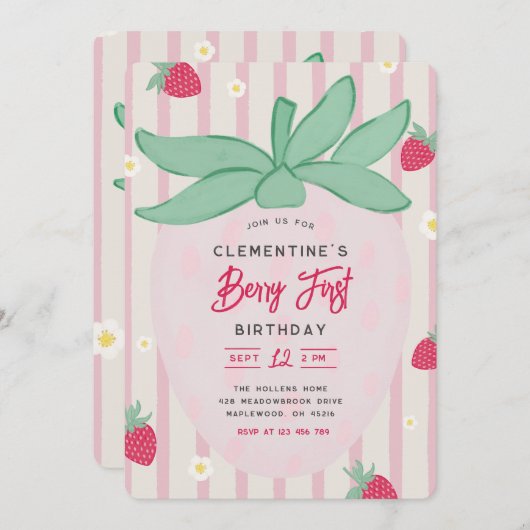 Strawberry Berry First Birthday Invitation Kaart (Voorkant / Achterkant)