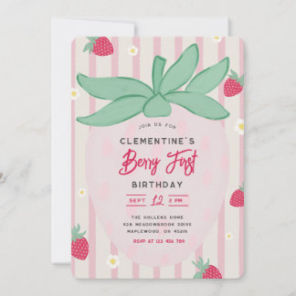 Strawberry Berry First Birthday Invitation Kaart