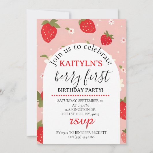 Strawberry Berry First Birthday Invitation Kaart (Voorkant)