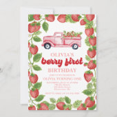Strawberry Berry First Birthday Invitation Kaart (Voorkant)