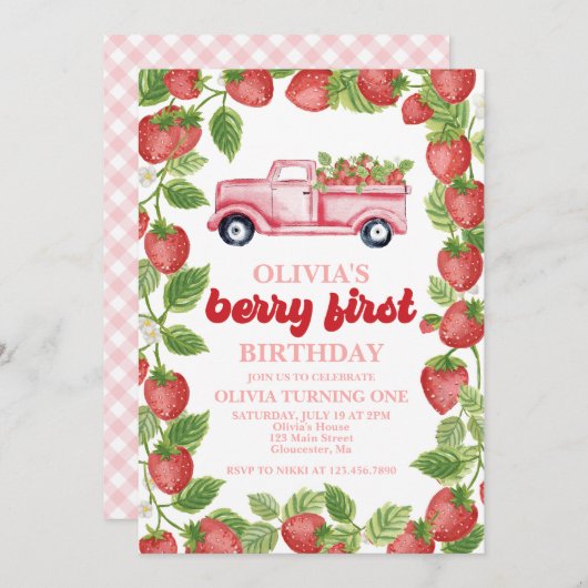Strawberry Berry First Birthday Invitation Kaart (Voorkant / Achterkant)