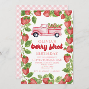 Strawberry Berry First Birthday Invitation Kaart