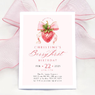 Strawberry Berry First Birthday Invitation Kaart