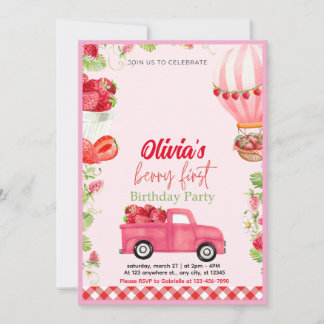 Strawberry Berry First Birthday Invitation Kaart