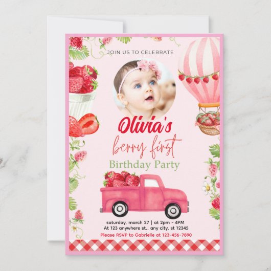 Strawberry Berry First Birthday Invitation Kaart (Voorkant)