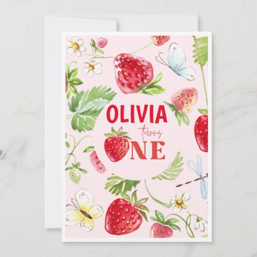 Strawberry Berry First Birthday Invitation Kaart (Achterkant)