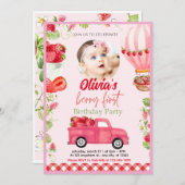 Strawberry Berry First Birthday Invitation Kaart (Voorkant / Achterkant)