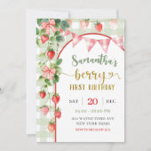 Strawberry Berry First Birthday Invitation Kaart (Voorkant)