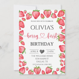 Strawberry Berry First Birthday Invitation Kaart