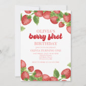 Strawberry Berry First Birthday Invitation Kaart (Voorkant)