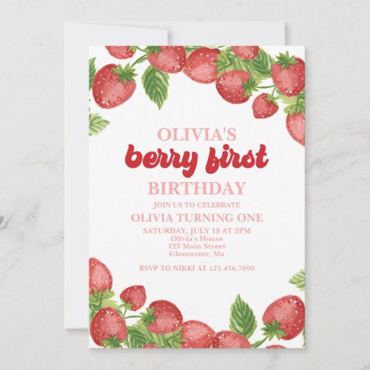 Strawberry Berry First Birthday Invitation Kaart (Voorkant)