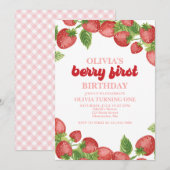 Strawberry Berry First Birthday Invitation Kaart (Voorkant / Achterkant)