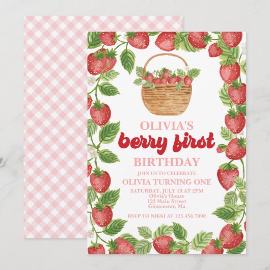 Strawberry Berry First Birthday Invitation Kaart (Voorkant / Achterkant)