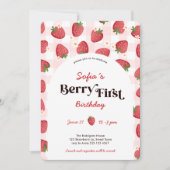 Strawberry Berry First Birthday Invitation Kaart (Voorkant)